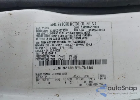 2003 Lincoln Town Car Executive from USA, damaged, VIN 1LNHM81W43Y676882